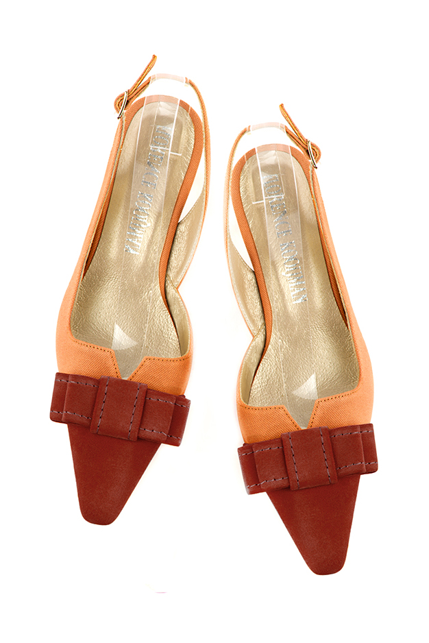 Scarlet red and clementine orange women's open back shoes, with a knot. Tapered toe. Low kitten heels. Top view - Florence KOOIJMAN